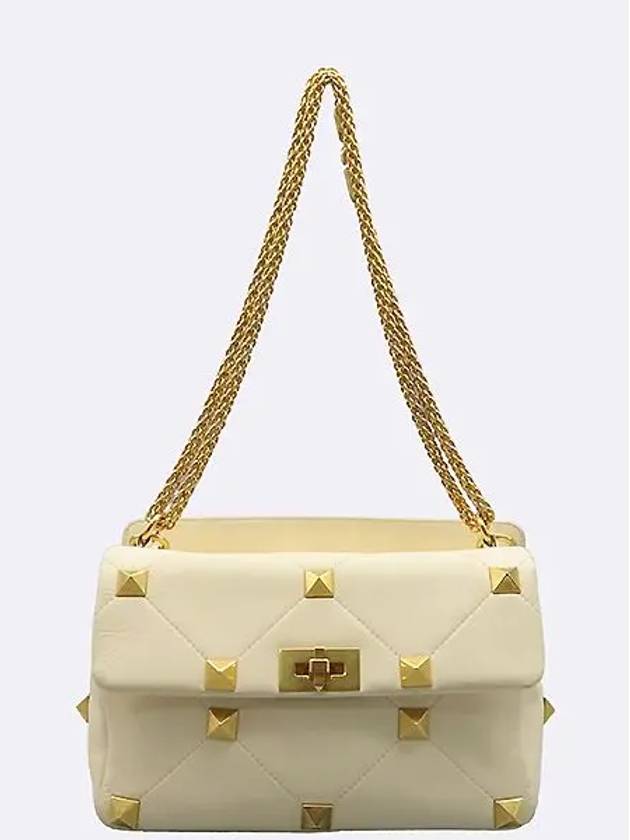 2W2B0I60BSF Ivory leather gold Roman stud Garavani L size tote bag shoulder strap - VALENTINO - BALAAN 4