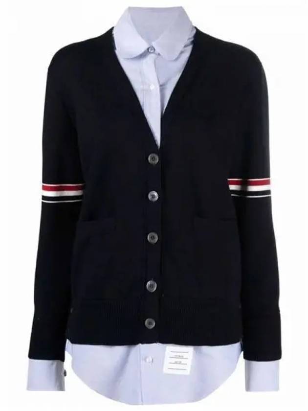 Women's Cotton Pointelle Cable Knit Short Sleeve Cardigan Navy - THOM BROWNE - BALAAN 2