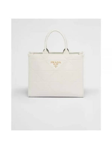 Top Stitching Medium Leather Symbole Tote Bag White - PRADA - BALAAN 1