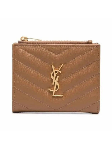 Cassandre Matelasse Grain De Poudre Embossed Leather Half Wallet Brown - SAINT LAURENT - BALAAN 1