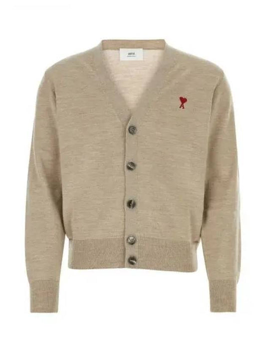 Red Heart Logo Merino Wool Cardigan Beige - AMI - BALAAN 2