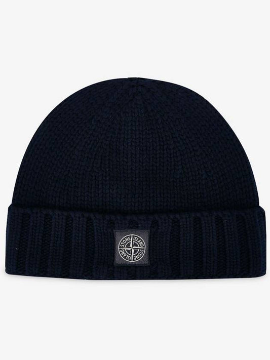 Logo Patch Wool Beanie Navy - STONE ISLAND - BALAAN 2