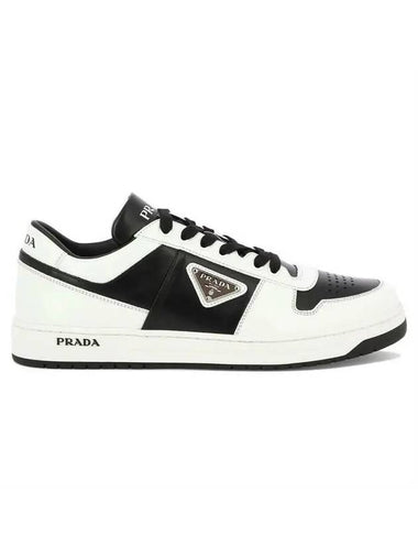 Men's Downtown Triangle Logo Leather Low Top Sneakers Black White - PRADA - BALAAN 1