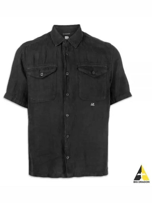 Small Logo Button Linen Short Sleeve Shirt Black - CP COMPANY - BALAAN 2