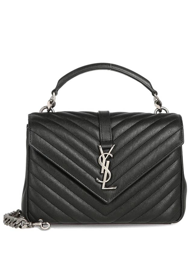 Silver Monogram College Medium Chain Crossbody Bag in Matelasse Leather Black - SAINT LAURENT - BALAAN 2