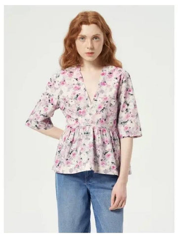 Printed cotton V neck peplum blouse shirt light pink domestic product GM0023122013199 - GANNI - BALAAN 1