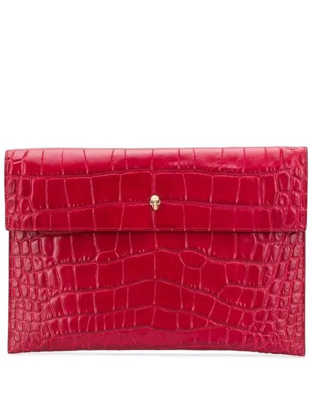 Gold Skull Envelope Crocodile Leather Clutch Bag Red - ALEXANDER MCQUEEN - BALAAN.