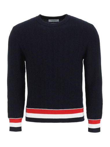 Men's Textured Crew Neck Knit Top Navy - THOM BROWNE - BALAAN 1