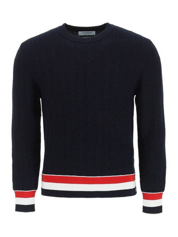 Men's Textured Crew Neck Knit Top Navy - THOM BROWNE - BALAAN 1