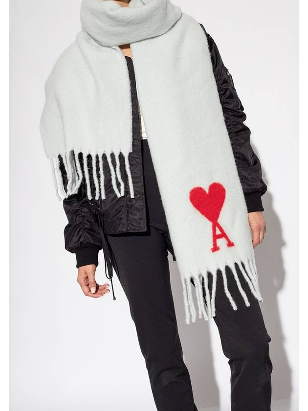 Heart Logo Oversized Wool Fringe Scarf Pale Green - AMI - BALAAN 5