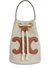 Teen Drawstring Striped Canvas Calfskin Bucket Bag Beige - CELINE - BALAAN 1