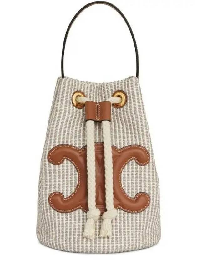 Teen Drawstring Striped Canvas Calfskin Bucket Bag Beige - CELINE - BALAAN 1