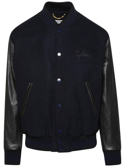 Distressed Leather Sleeve Wool Bomber Jacket Dark Blue - GOLDEN GOOSE - BALAAN 2