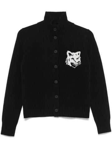 Fox Head Intarsia High Neck Cardigan Black - MAISON KITSUNE - BALAAN 1