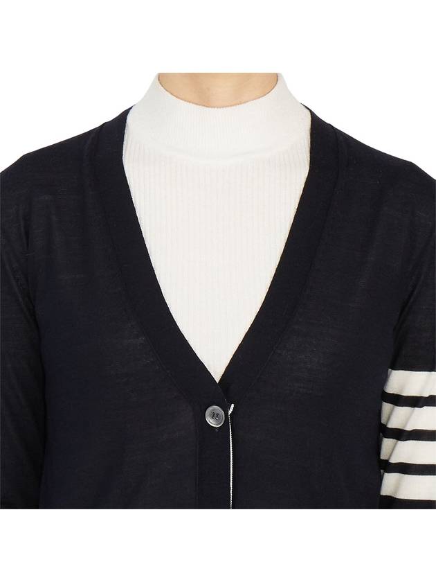 Sustainable Fine Merino Wool 4-Bar Relaxed Fit V-Neck Cardigan Navy - THOM BROWNE - BALAAN 8