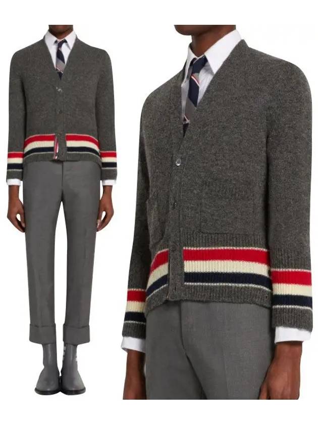 Men's Jersey Stitch Shetland Stripe Classic V-Neck Cardigan Grey - THOM BROWNE - BALAAN 2