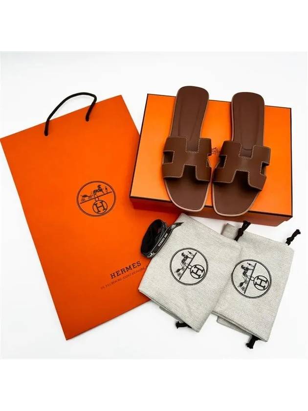 Oran Calfskin Slippers Gold Piqures Ecrues - HERMES - BALAAN 10