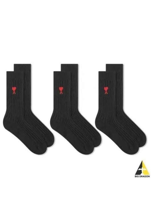 Small Heart Logo Socks 3 Pack Set Black USC606 379 - AMI - BALAAN 1