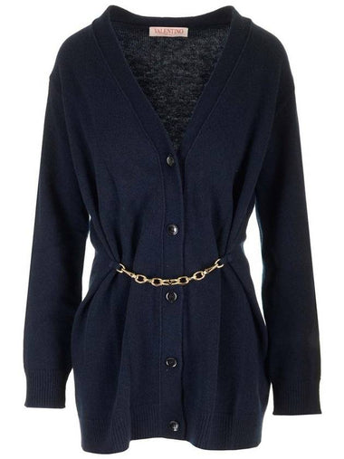 Logo Signature V Neck Cardigan Navy - VALENTINO - BALAAN 1