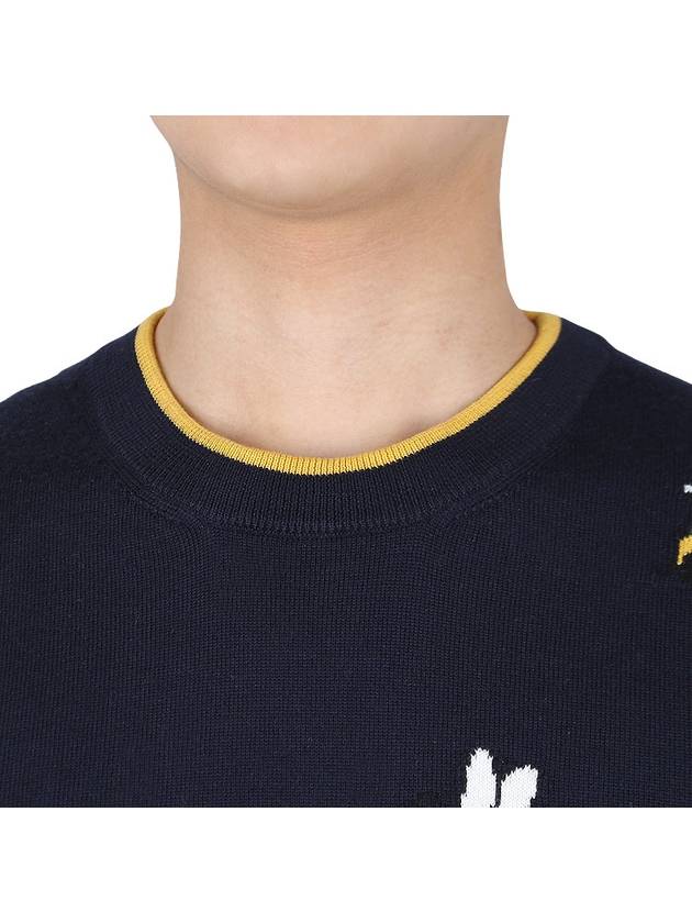 Cotton Merino Birds & Bees Intrasia 4 Bar Crew Neck Pullover Knit Top Navy - THOM BROWNE - BALAAN 6