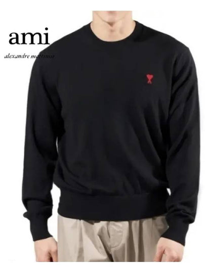 Heart Embroidered Logo Crew Neck Knit Top Black - AMI - BALAAN 2