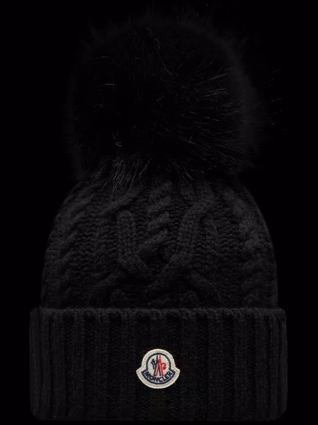 Logo Patch Pom Pom Cashmere Blend Beanie Black - MONCLER - BALAAN 2