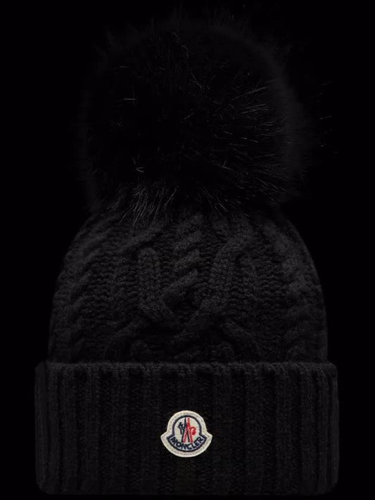 Logo Patch Pom Pom Cashmere Blend Beanie Black - MONCLER - BALAAN 2