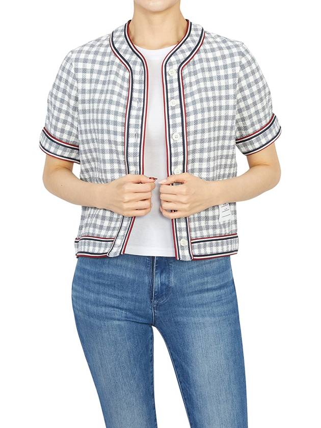 Women's Gingham Stripe Trimmed Short Sleeve Cardigan Medium Grey - THOM BROWNE - BALAAN 7