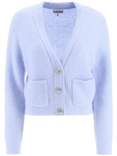 Ribbed V-Neck Soft Wool Cardigan Light Blue - GANNI - BALAAN 1