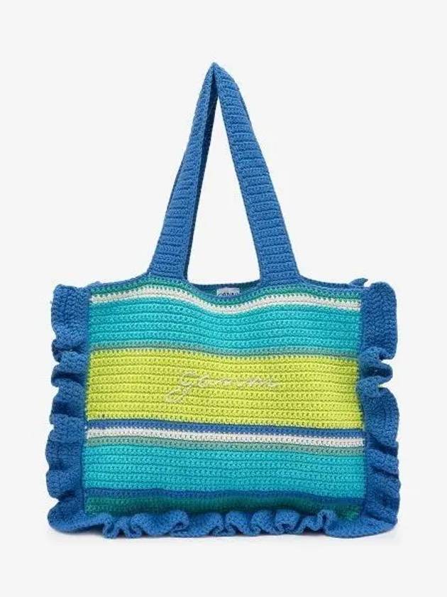 Women's Embroidered Logo Crochet Ruffle Tote Bag Blue - GANNI - BALAAN 2