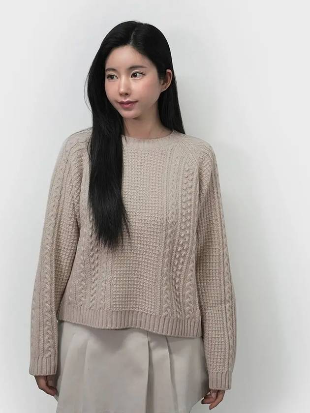 Crew Neck Cable Virgin Wool Knit Top Beige - WEEKEND MAX MARA - BALAAN 2