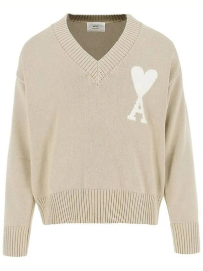 Big Heart Logo V-Neck Knit Top Beige - AMI - BALAAN 2