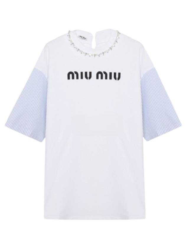 Women's Crystal Neck Overfit Short Sleeve T-Shirt White - MIU MIU - BALAAN 3