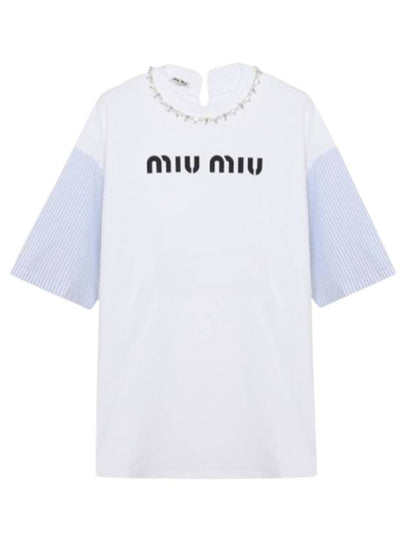 Women's Crystal Neck Overfit Short Sleeve T-Shirt White - MIU MIU - BALAAN 2