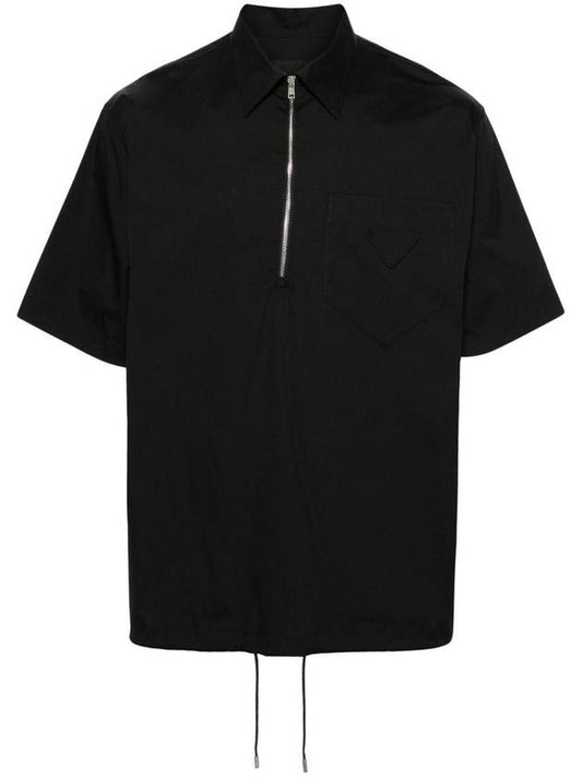 Half Zipper Short Sleeve Shirt Black - PRADA - BALAAN 1