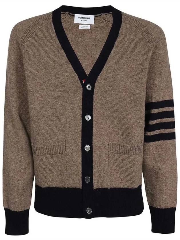 V-Neck 4-Bar Wool Cardigan Brown - THOM BROWNE - BALAAN 3