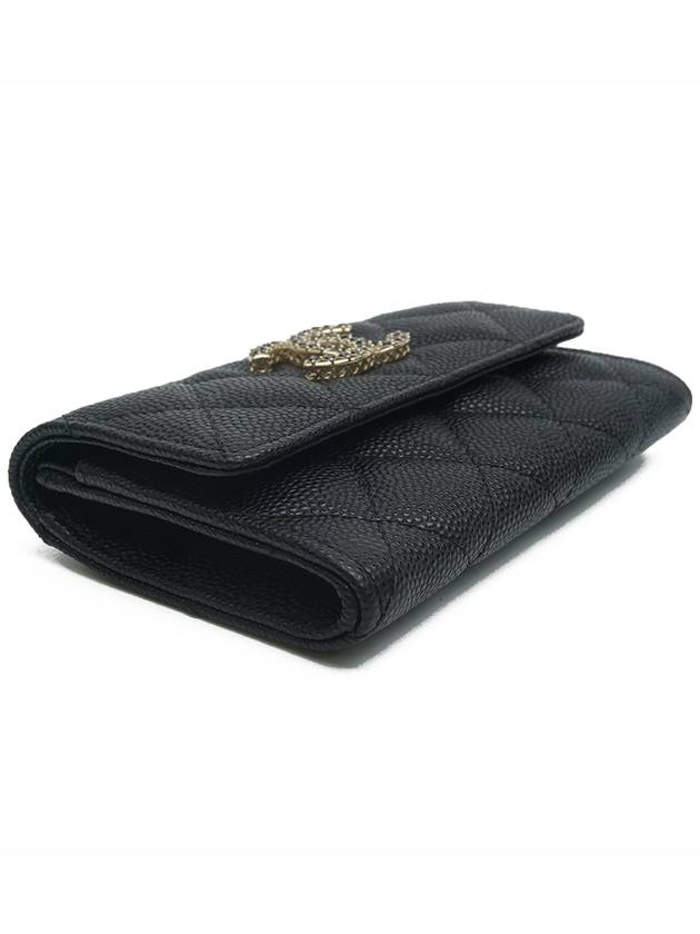 Shiny Grained Calfskin Strass Flap Card Wallet Black - CHANEL - BALAAN 5