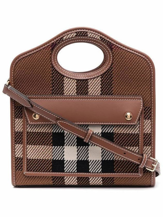 Mini Knit Check Leather Pocket Tote Bag Brown - BURBERRY - BALAAN 1