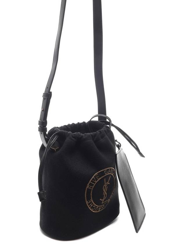 Embroidered Felt Smooth Leather Rib Gauche Lace Bucket Bag Black - SAINT LAURENT - BALAAN 4