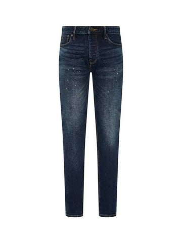 Men s Leather Patch Painted Slim Jeans Dark Blue 270891 - EMPORIO ARMANI - BALAAN 1