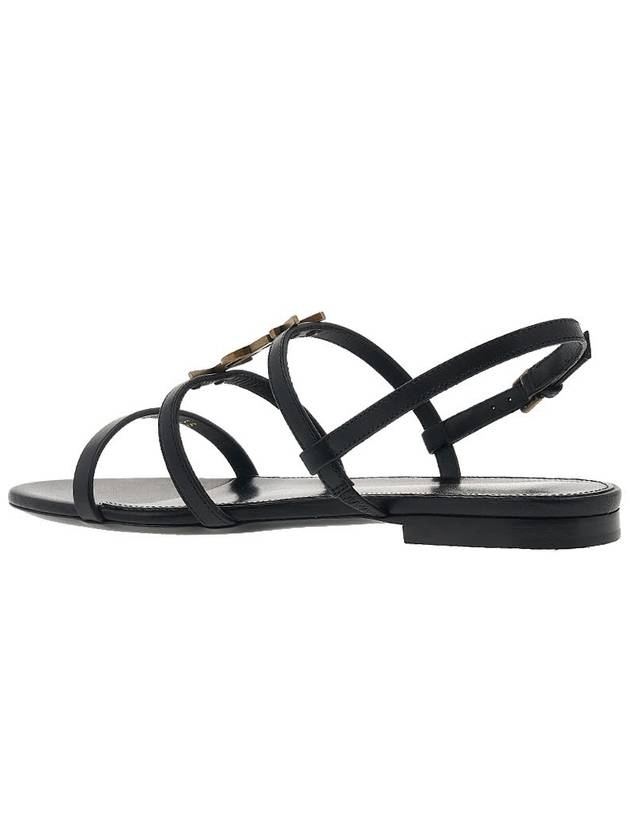 Women's Smooth Leather Gold Tone Monogram Detail Cassandra Flat Sandals Black - SAINT LAURENT - BALAAN 4