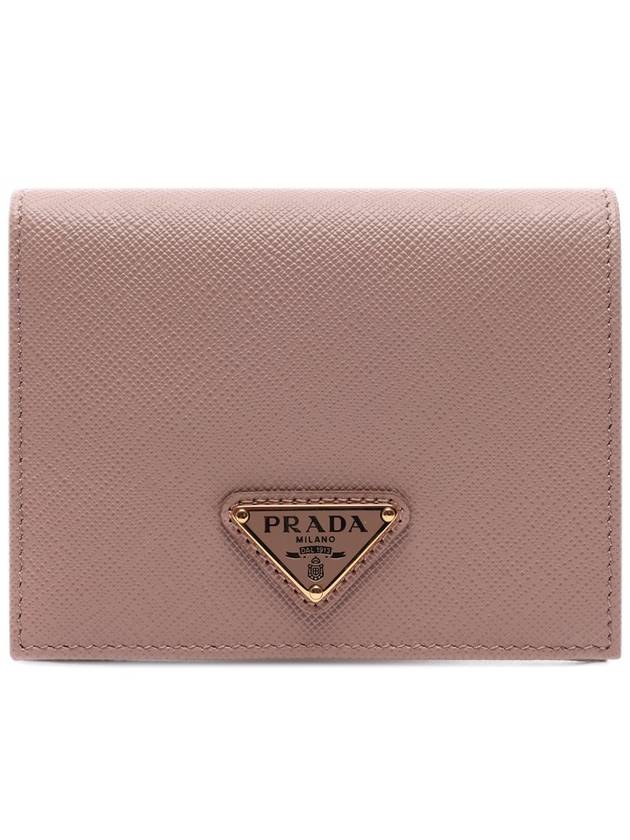 Gold Triangle Logo Saffiano Half Wallet Pink Beige - PRADA - BALAAN 4