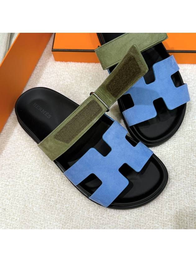 Women's Chypre Sandals Suede Goatskin Blue Khaki - HERMES - BALAAN 4