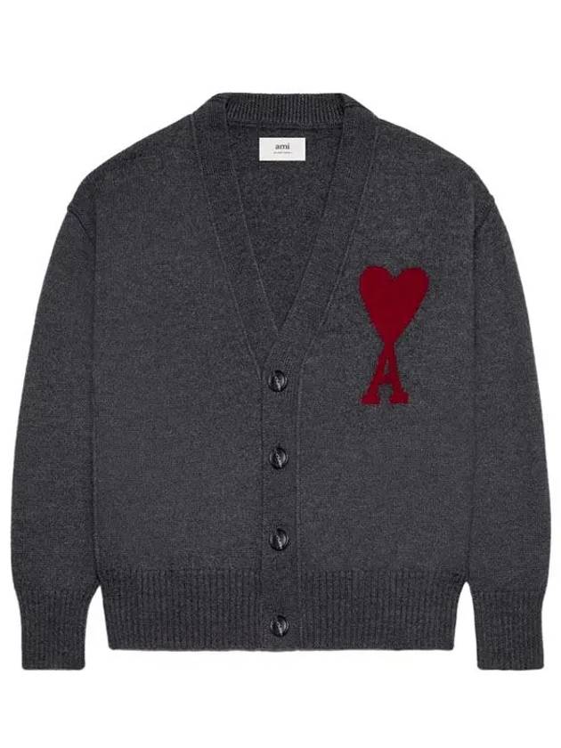 Heart Logo V Neck Wool Cardigan Heather Grey - AMI - BALAAN 5