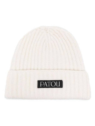 Logo Patch Ribbed Wool Cashmere Beanie White - PATOU - BALAAN 1