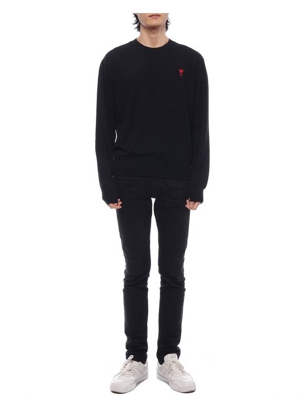 Heart Embroidered Logo Crew Neck Knit Top Black - AMI - BALAAN 4