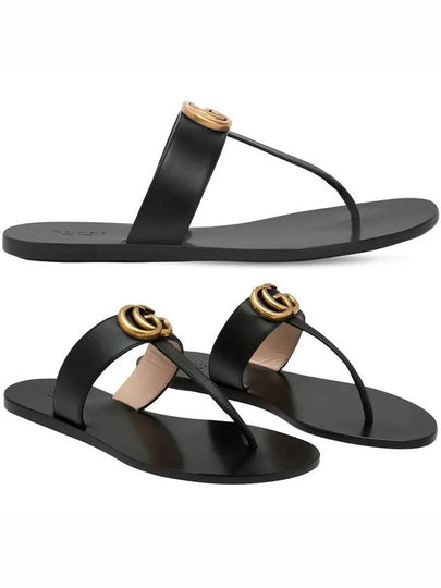 Women's GG Marmont T Strap Leather Flip Flops Black - GUCCI - BALAAN 2