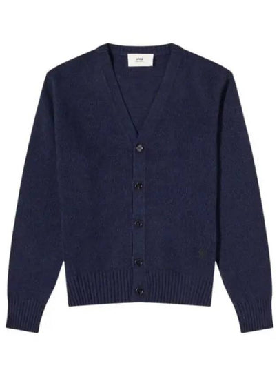 Heart Logo V Neck Cashmere Cardigan Navy - AMI - BALAAN 2