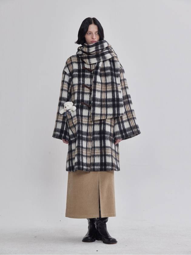 Mohair Big Check Pattern Collar Scarf Duffel Coat - LIE - BALAAN 5