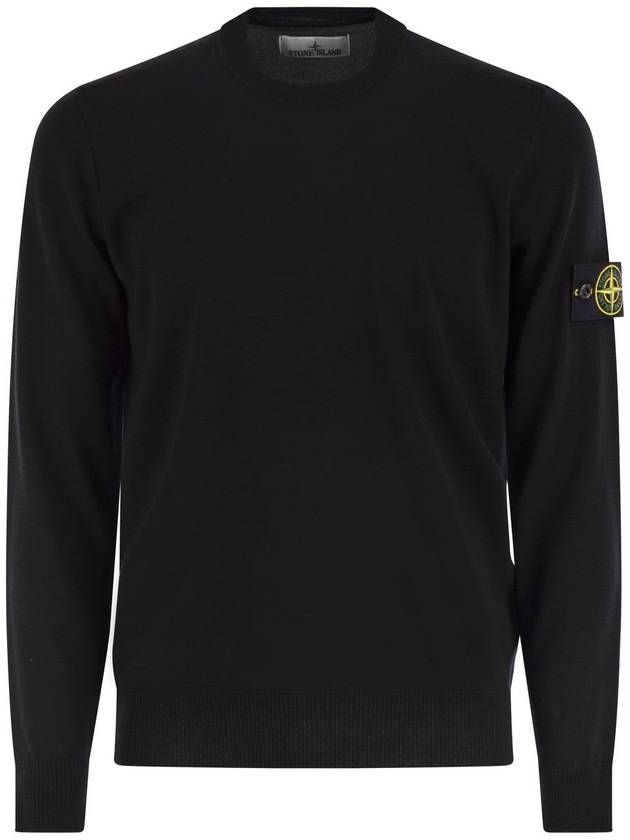 Logo Patch Crewneck Virgin Wool Knit Top Black - STONE ISLAND - BALAAN 2